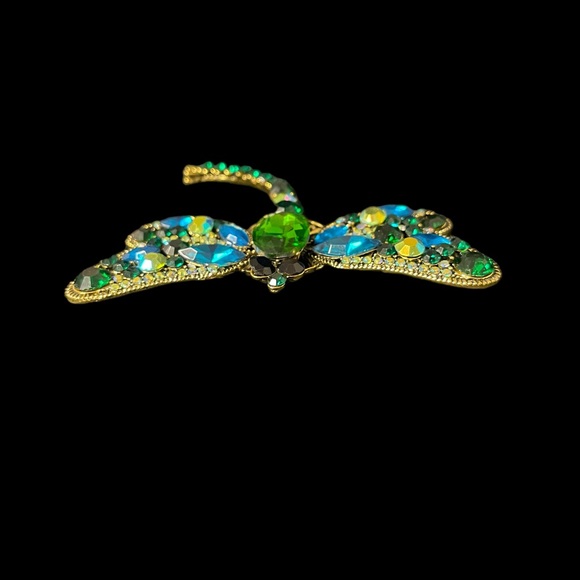 Large Bejeweled Dragonfly Brooch Gold Base with Blue and Green Rhinestones - Picture 3 of 5